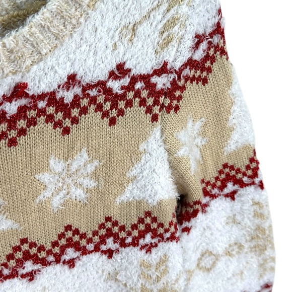 🌸3/$15🌸 Girls Ugly Christmas Sweater Size M 7-8 Tan Red White Trees‎ Snowflakes - Picture 5 of 8